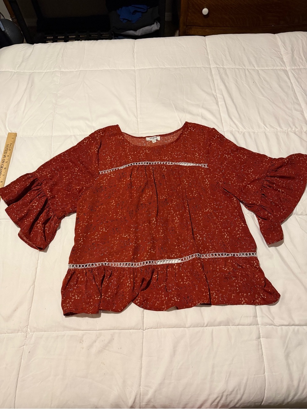 Umgee Rust Red Floral Ruffle Sleeve Tunic